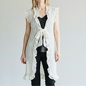 Metallic Knit Long Vest with Ruffle Tie & Pearl Trim - Size XL